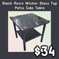 NEW Black Resin Wicker Glass Top Patio Side Table: Njft 