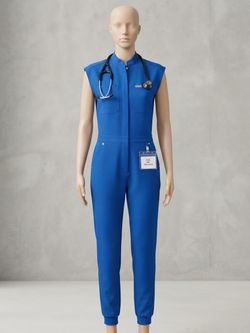Blue Sleeveless Medical Scrub Jumpsuit