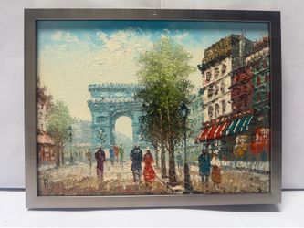 Hand-drawn Paris Street Scene Oil Painting 17” x 14”
