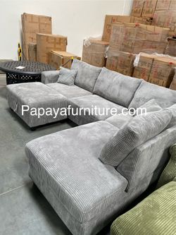 New! 106” Plush Gray Sectional, Sectional And Storage Ottoman, Sectionals, Sofa, Couch, Gray Couch, Sofas, Corduroy Sectional, USB Charger Sofa.