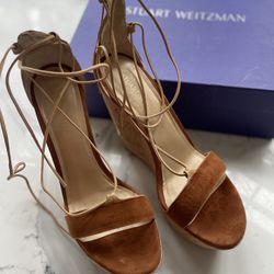 Stuart Weitzman Wedge Lace Up Heeled Sandals 