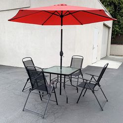 Brand New $135 Patio 6 Piece Outdoor Set with 32x32” Table, 4pc Folding Chairs and 10 FT Tilt Umbrella 