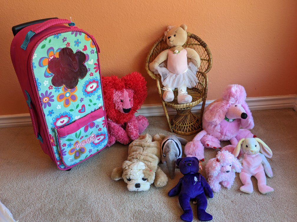 Beanie Babies, Plush Dolls, Peacock Chair For Dolls AnD Rolling Case For Dolls 