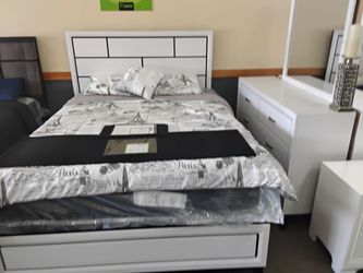 White Queen Bed Frame with Storage Drawer