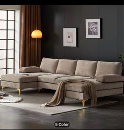 Modern U-Shaped Velvet Sectional Sofa - Gold Legs - Like New - Pet & Smoke Free