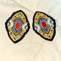 2 Vintage Badge Patches Black Gold Silver Green Yellow & Red Geometric Appliqué