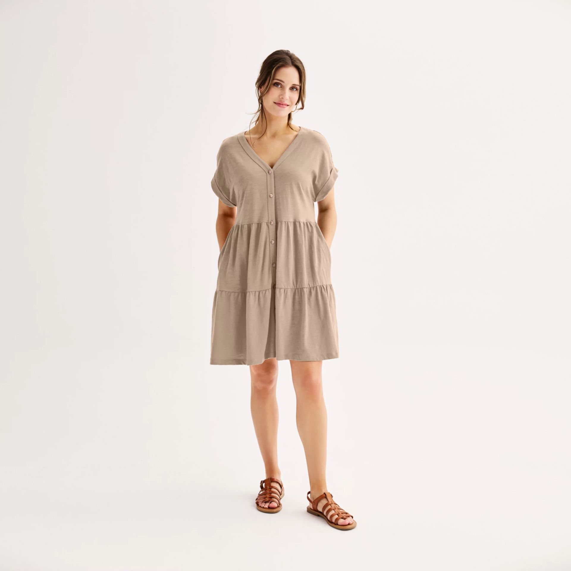 New Women's Sonoma Goods For Life® Short Sleeve Tiered Dress Beige Size XL