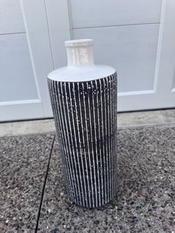 Crate and barrel tall floor base /umbrella stand Black and White Striped Ceramic Bottle Vase