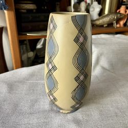 Tan Blue Pink Geometric Pattern Vase 10in