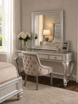 Silver Vanity Table with Mirror and Chair