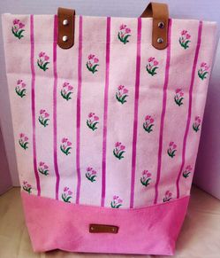 Charming Pink Striped Floral Canvas Tote Bag Beach Travel Groceries Bottles Leather Accessories 