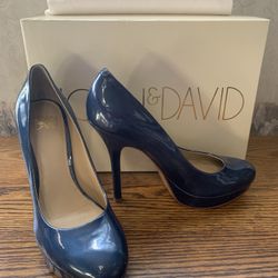 Joan & David 7 M Women’s Navy Blue Patent Leather Pumps Heels Shoes + Box