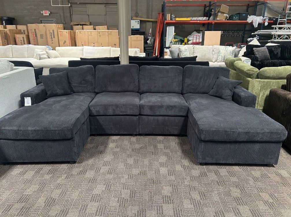 Black corduroy double chaise sectional sofa