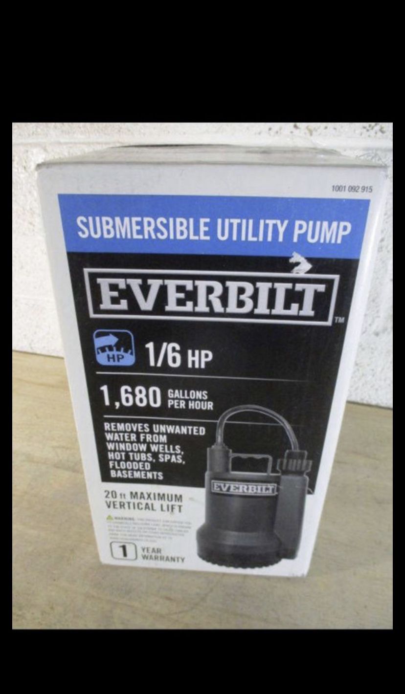 NEVER USED Everbilt 1/6 HP Plastic Submersible Utility Pump
