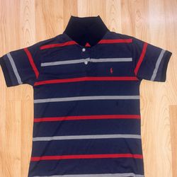 Navy blue Ralph Lauren polo shirt with red and grey stripes