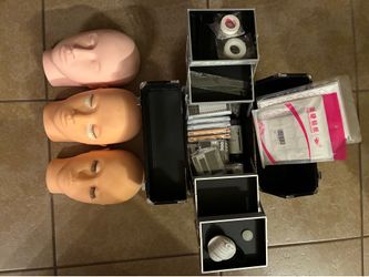 3 practice mannequins and eyelash stuff with carry box! Some are used some are Brand new!
