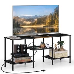 OYEAL Black Bedroom TV Stand with Power Outlets up to 50 inch TV, Small Entertainment Center Stand with Storage Modern Media TV Console Table for Livi