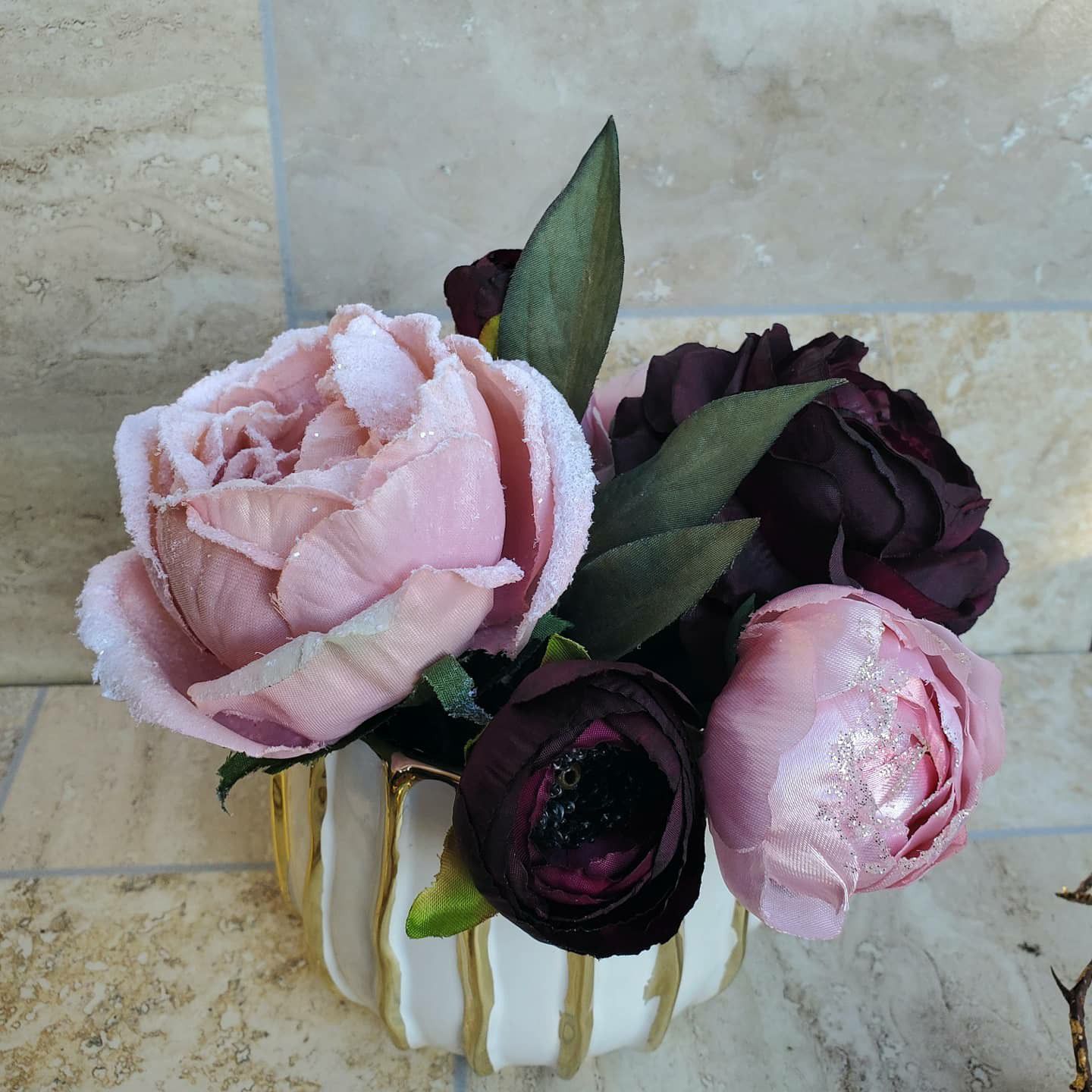 Burgundy and Pink Silk Flower Arrangement on a Gold Vase