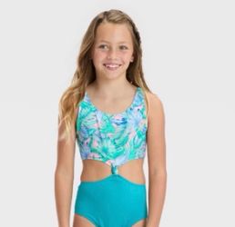New Cat and Jack Girls Tropical Print Cutout One-Piece Swimsuit size L 10/12