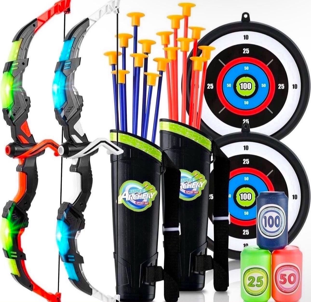 2 Set Bow and Arrow for Kids 8-12 - LED Light Up Kids Archery Set with 2 Bow 16 Suction Cup Arrows, 2 Target & 2 Quiver, Indoor & Outdoor Play Toys