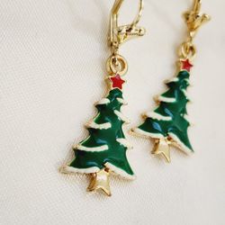 14k Gold Plated Christmas White Tree Earring 