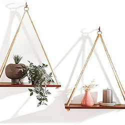 Adjustable Hanging Shelf, Wall Hanging Decor Set of 2, Lightweight, Premium Wooden Shelf from Bamboo, Hanging Plant Shelf 

