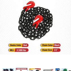 1/2 Inch x 16 FT G80 Black Transport Binder Chain with Clevis Grab Hooks - 12,000 lbs Working Load Limit - Heavy Duty Grade 80 Safety Trailer Logging 