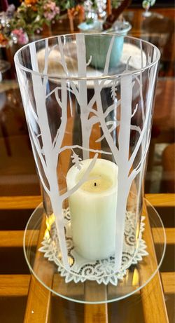 Glass Hurricane Candle Holder with Etched Tree Design