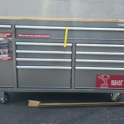 61 in. W x 24 in. D Standard Duty 10-Drawer Mobile Workbench Tool Chest with Sliding Bin Storage Drawer in Silver