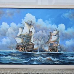J. Harvey Oil on Canvas Painting Battle at Sea Nautical Ships