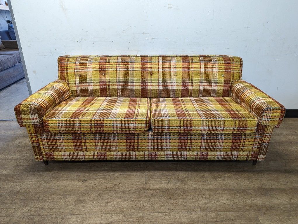 Mid Century Plaid Fabric Pullout Couch