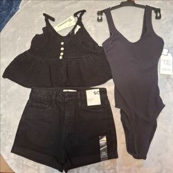 SO High Rise Shorts 3 Black One Piece Swimsuit Knit Tank Top Summer Bundle 3pc