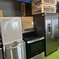 General electric side by side stainless steel kitchen package glass top stove Microwave and dishwasher