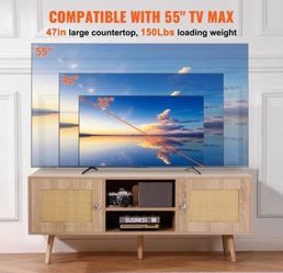 TV Stand, Boho TV Cabinet for 55 inch TV, Mid Century Modern TV Stand, Rattan TV Console with Adjustable Shelfs for Living Room, Media Ro