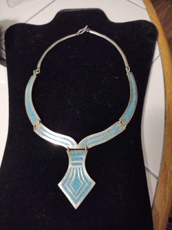 Vtg Mexico Alpaca Silver Turquoise Panel Necklace