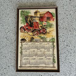 Vintage Framed Antique 1914 Cloth Car Calendar. Approx. 17x26. Pre Owned.