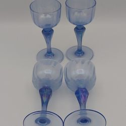 4 Gorgeous Blue Iridescent 1930s Murano Revival 3oz Glasses Made In Italy 