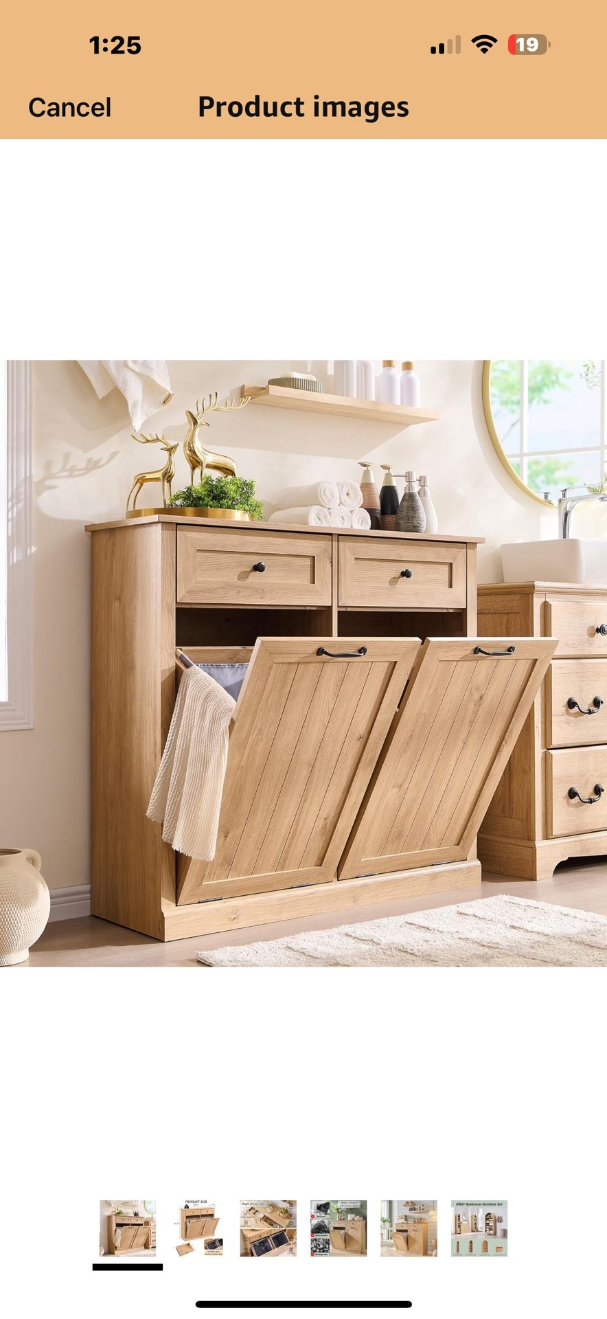 Double Tilt Out Laundry Hamper Cabinet, 20 Gallon Farmhouse Trash Can Cabinet with Drawer, Hidden Wood Garbage Can Bin Cabinets with Laundry Storage B