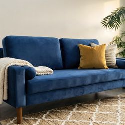 Mid-Century Modern Blue Velvet Sofa with Bolster Pillows