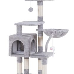 Heybly Cat Tree with Toy, Cat Tower condo for Indoor Cats, Cat House with Padded Plush Perch, Cozy Hammock and Sisal Scratching Posts, Light Gray HCT0