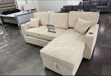 Beautiful! 2-Pc Corduroy Sectional Sofa Set W/Pull-out Bed,  Storage,  & USB Port