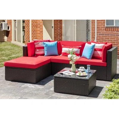 5PCS Patio Rattan Furniture Set Sectional Conversation Set Black - Red