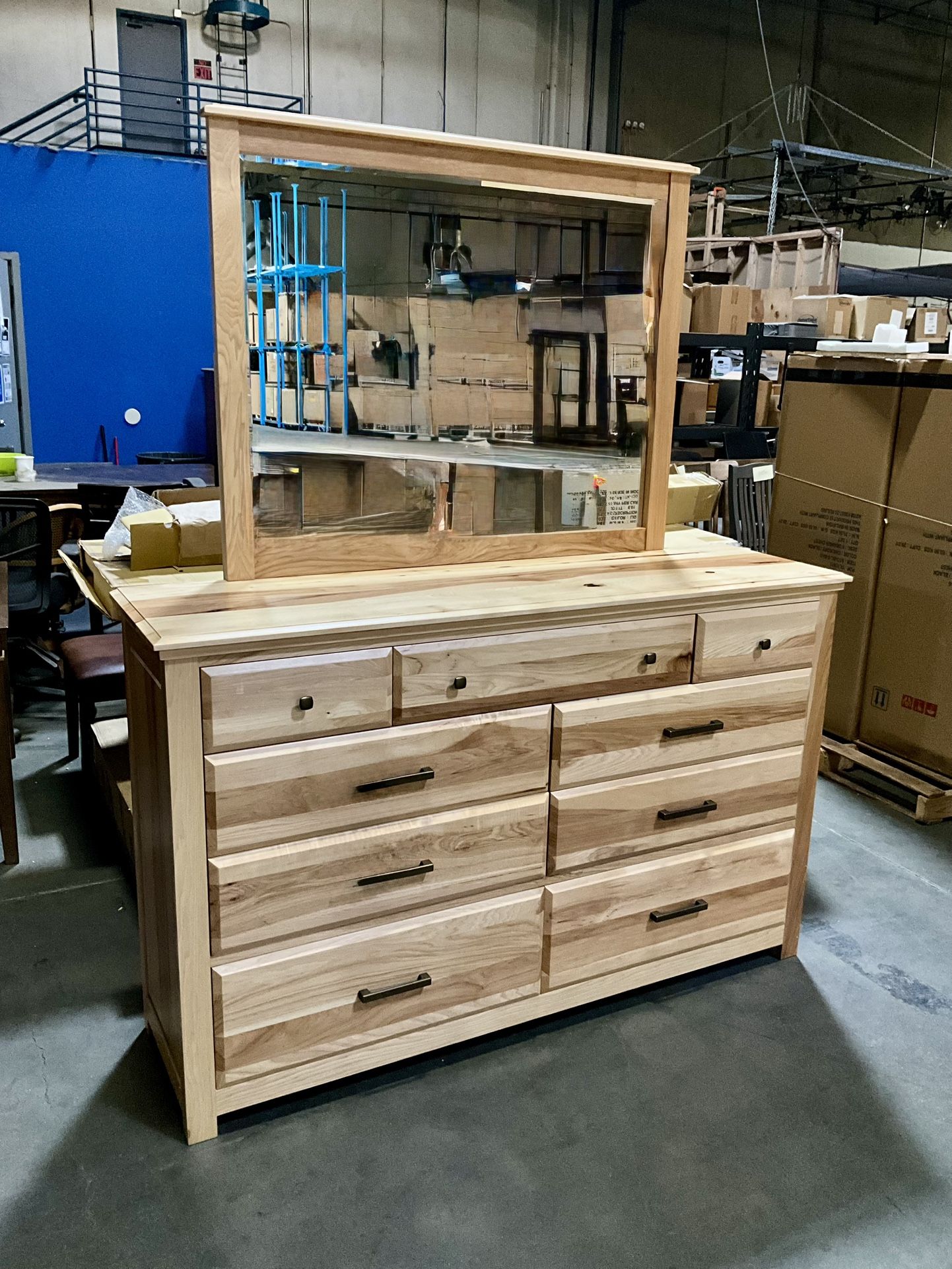 Solid US Hickory 9 Drawer Dresser And Mirror