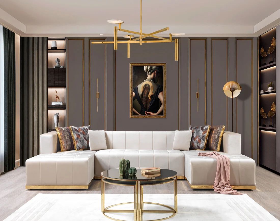 Elisha 140” Ivory Velvet Double Chaise Sectional Sofa | Oversized Glam Modern Couch | Tufted Luxury Living Room Furniture