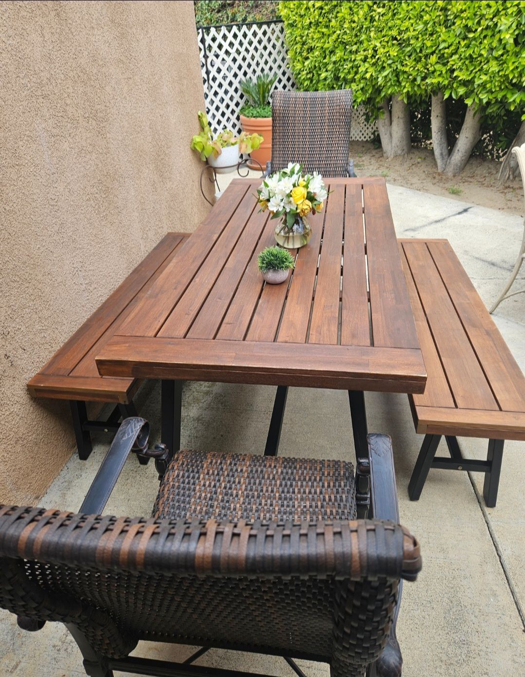 5pc Wood Patio Dining Set/wood Table And 2 Benches, +2 Wicker Chairs/Outdoor Furniture/measurements of Table 71x33x29/Cash Only