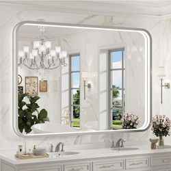 NIB 40x30 Inch LED Mirror for Bathroom,Brushed Sliver Metal Frame Lighted Vanity Mirror,Anti Fog Stepless Dimmable,Light Up Wall Mounted Mirror(Horizo