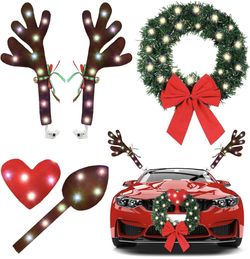 Christmas Reindeer Antlers Car Kit with LED Lights, Window Grille Kit Heart Nose Tail Top Bell Christmas Wreath for Car with LED Light Bow Christmas D