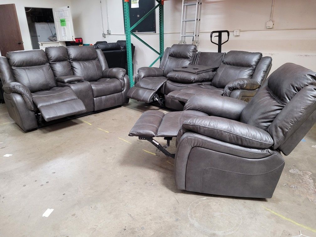 NEW MATCHING GUN METAL GRAY 3PC RECLINING SOFA, LOVESEAT & CHAIR SET 