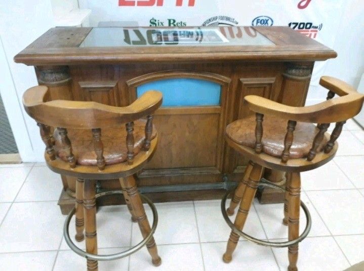 Beautiful Classic Wooden Bar And Two Barstools
