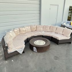 Large 7 Pc Outdoor Curved Wicker Patio Set With Firepit 